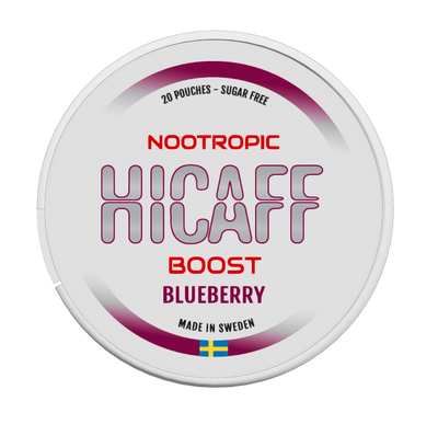 HICAFF Nootropic Boost Blueberry, vit dosa med blåbärsfärgade detaljer.