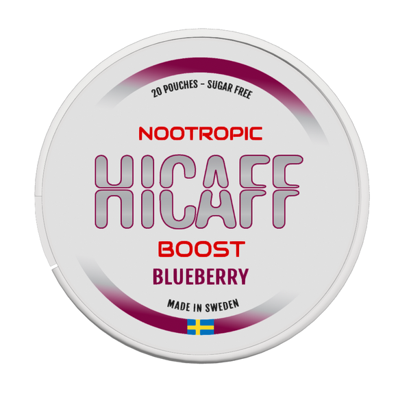 HICAFF Nootropic Boost Blueberry, vit dosa med blåbärsfärgade detaljer.