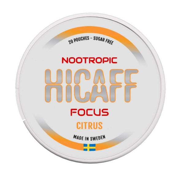 HICAFF Nootropic Focus Citrus, vit dosa med orange detaljer.