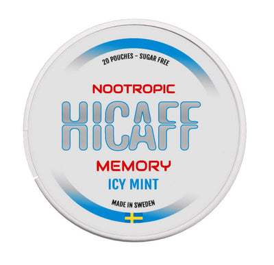 HICAFF Nootropic Memory Icy Mint, vit dosa med blå detaljer.