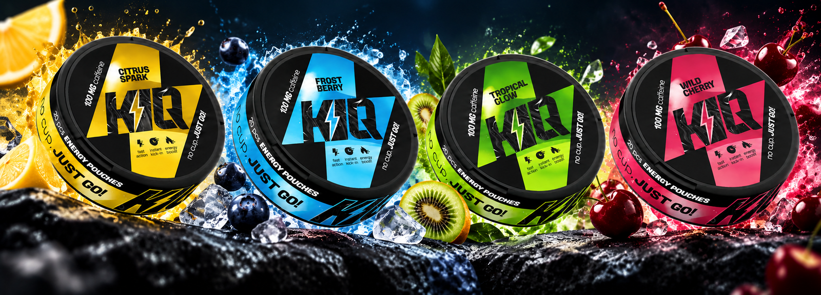 KIQ koffeinpåsar i smakerna Citrus Spark, Frost Berry, Tropical Glow och Wild Cherry